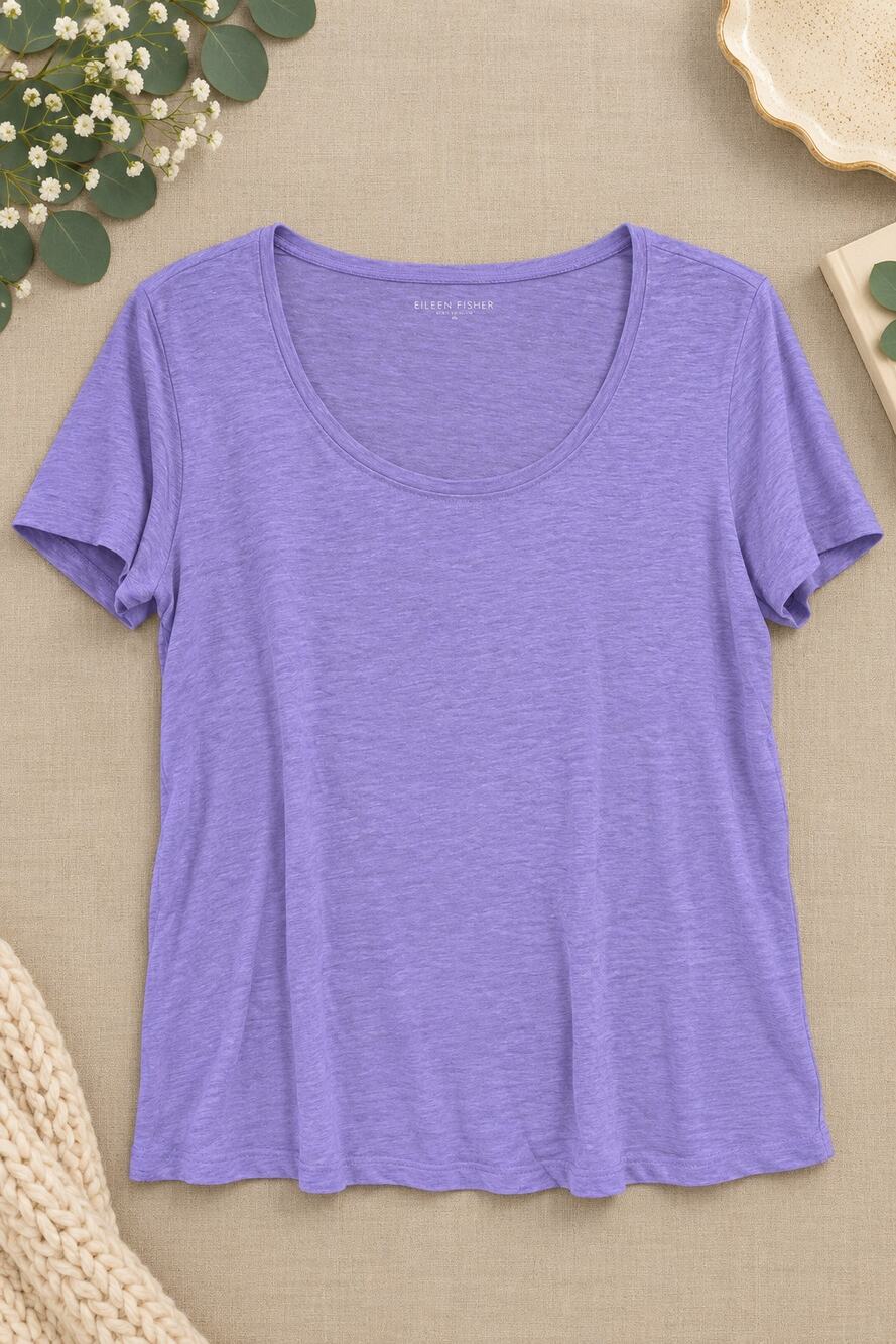 Eileen Fisher Purple Lavender Linen Scoop Neck Short Sleeve Tee Lagenlook SZ M